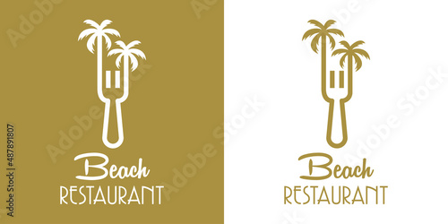 Banner con texto Beach Restaurant con tenedor con forma de silueta de palmera con lineas en fondo verde y fondo blanco
