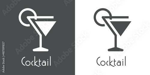 Logotipo con texto Cocktail con silueta de copa con líneas en fondo gris y fondo blanco