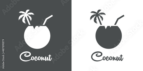Beach bar. Logo bebida de agua de coco. Banner con texto Coconut con coco con palmera en fondo gris y fondo blanco