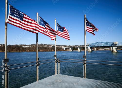 Four American Flags on Chattanooga Tennessee Pier