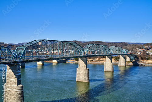 Scenic View of Walnut Street Pedestrian Bridge Span the Tennessee River in Chattanooga Tennessee 