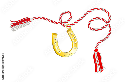 Märzchen das Frühlingsbringer Symbol und 
Geschenk zum 1. März,
Märzchen Anhänger mit Hufeisen,
Vektor Illustration isoliert auf Hintergrund
