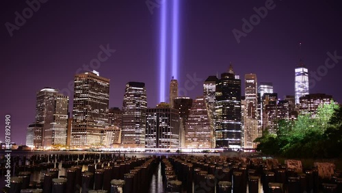 lower manhattan skyline and light memorial towers 4k timelapse from new york