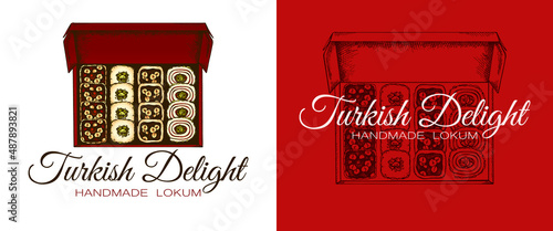 Sketch drawing logo of colorful Turkish Delight in box isolated on white background. Hand drawn lokum with pistachio, chocolate, hazelnut, peanut, almond. Oriental sweets label. Vector illustration.