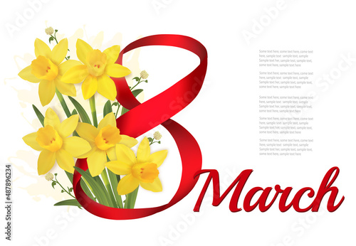 8th March illustration. Holiday yellow flowers background with narcisses and red ribbon. Vector.
