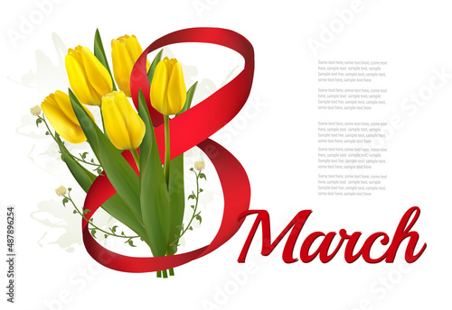 8th March illustration. Holiday yellow flowers background with yellow tulips and red ribbon. Vector.