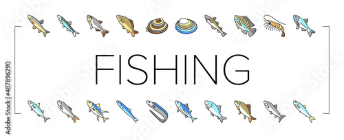 Commercial Fishing Aquaculture Icons Set Vector .
