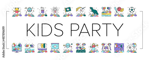 Kids Birthday Party Collection Icons Set Vector .