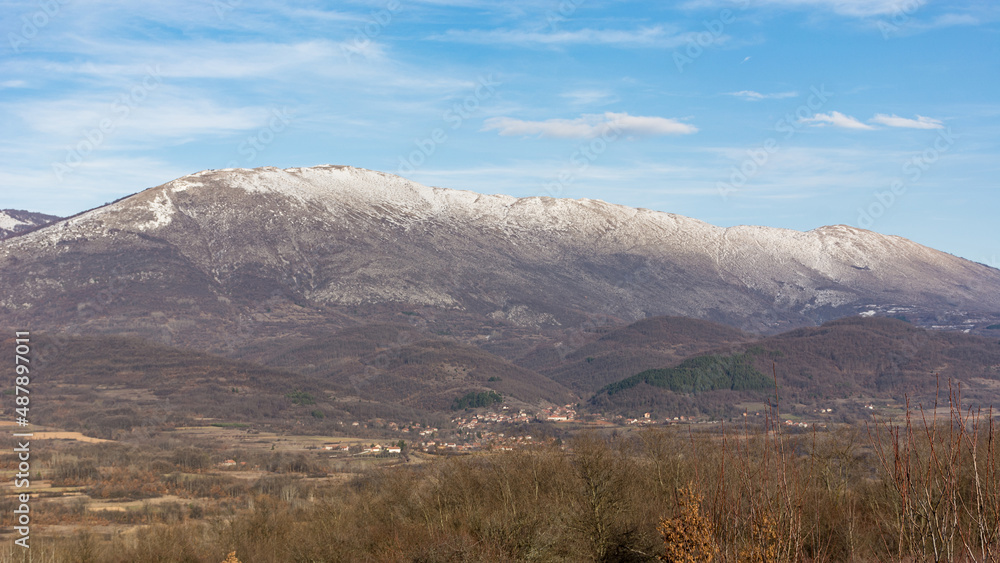 Snowy top mountain range. Image of a beautiful winter landscape in south of Serbia. Suva planina Mt