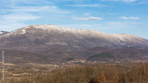 Snowy top mountain range. Image of a beautiful winter landscape in south of Serbia. Suva planina Mt