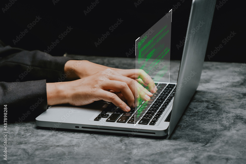Fototapeta premium Programming code writing, Person hands typing computer script, software coding developing, programming and technology.