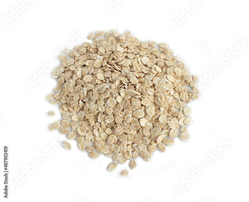 Organic Barley Flakes in Heap or Pile Isolated on White in Top Down or Bird's Eye View Shot