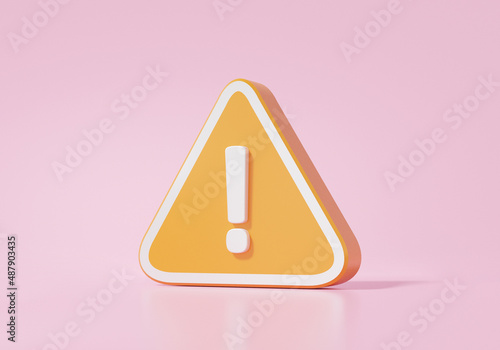 Orange triangle warning symbol icon on pink background. error alert safety concept. 3d render illustration photo