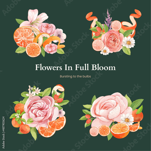Bouquet template with orange grapefruit concept,watercolor