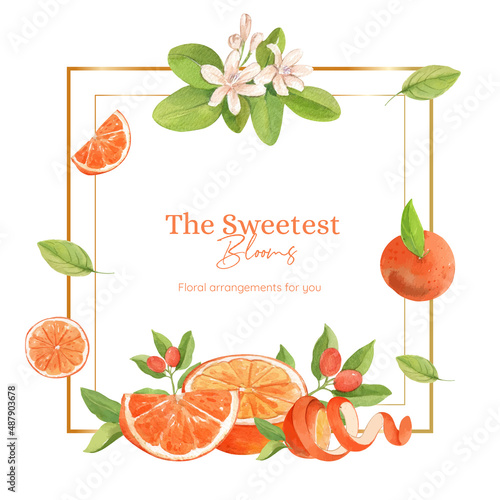 Wreath template with orange grapefruit concept,watercolor