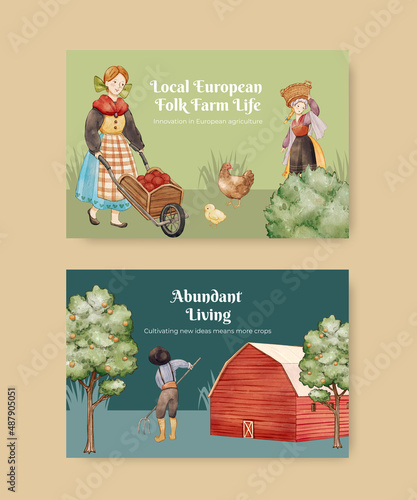 Facebook template with European folk farm life concept,watercolor style