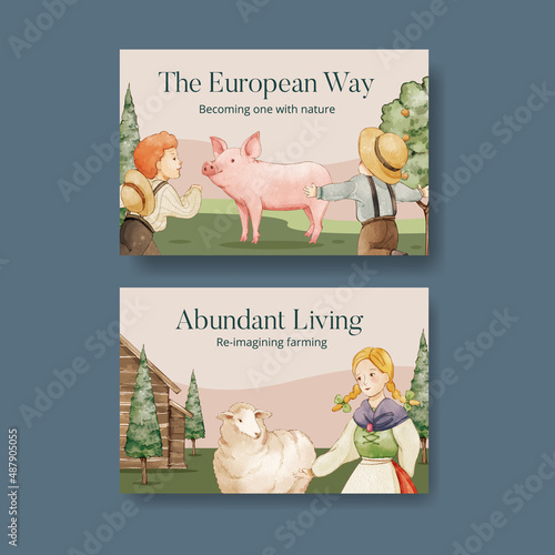 Facebook template with European folk farm life concept,watercolor style