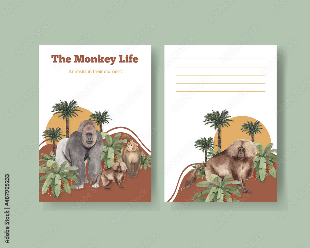 Fototapeta premium Postcard template with monkey in the jungle concept,watercolor style