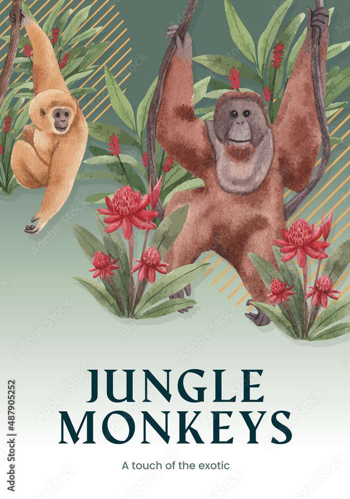Obraz premium Poster template with monkey in the jungle concept,watercolor style