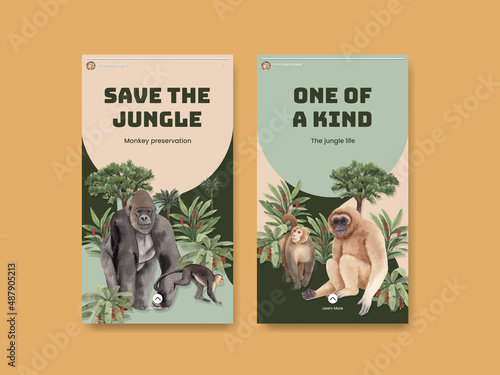 Instagram template with monkey in the jungle concept,watercolor style photo