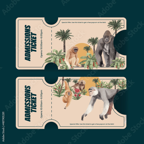 Ticket template with monkey in the jungle concept,watercolor style