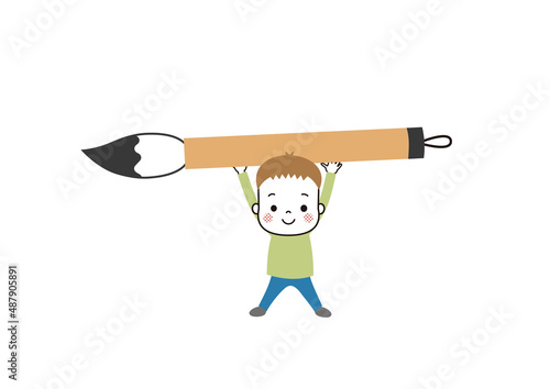 毛筆の筆を頭上に掲げている男の子