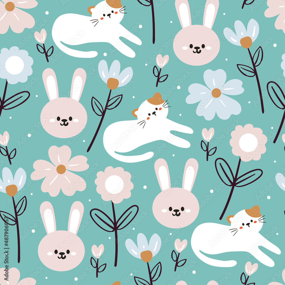 Fototapeta premium seamless pattern hand drawing cartoon cat, bunny and flower. for kids wallpaper, textile, fabric print, gift wrapping paper