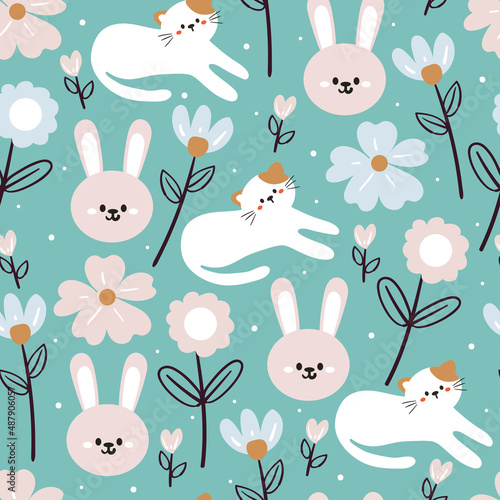 seamless pattern hand drawing cartoon cat, bunny and flower. for kids wallpaper, textile, fabric print, gift wrapping paper