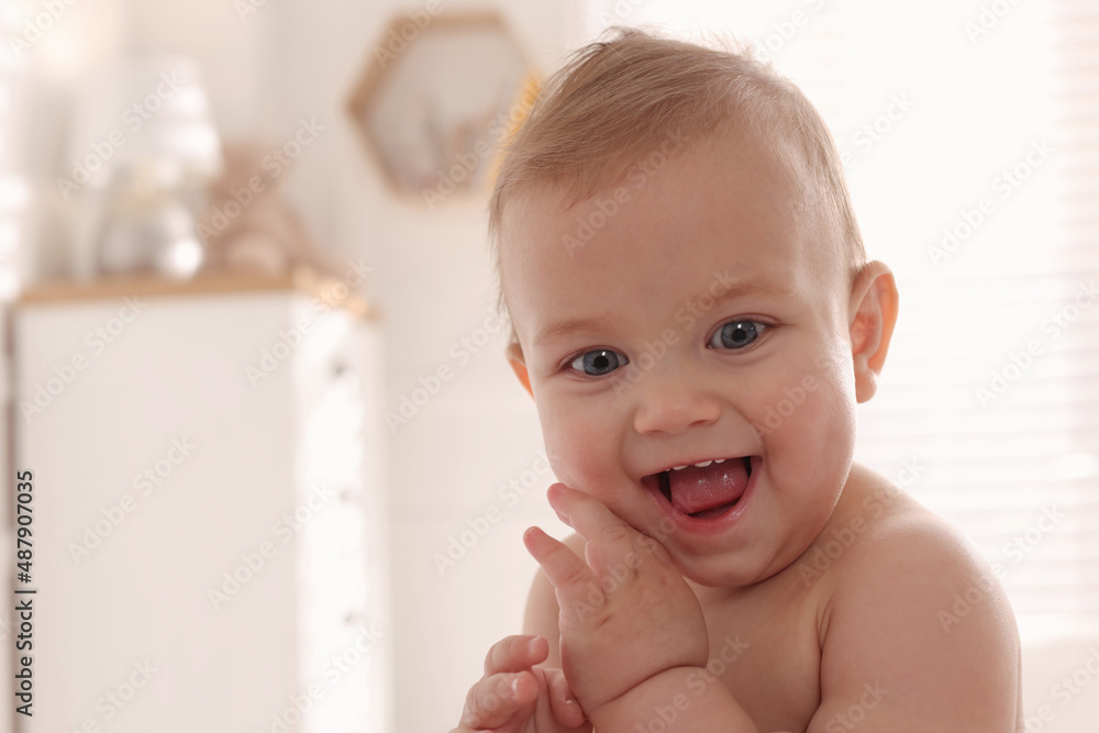 Portrait of cute little baby at home. Space for text Portrait of cute little baby at home. Space for text