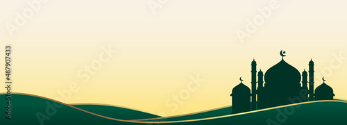 Green Islamic banner template for Ramadan, Eid Al Fitr and Eid Al Adha with Mosque vector illustration design