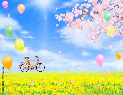 青空に風船舞う、菜の花の咲く河川敷に自転車と美しく華やかな花びら舞い散る春の桜のフレーム背景素材