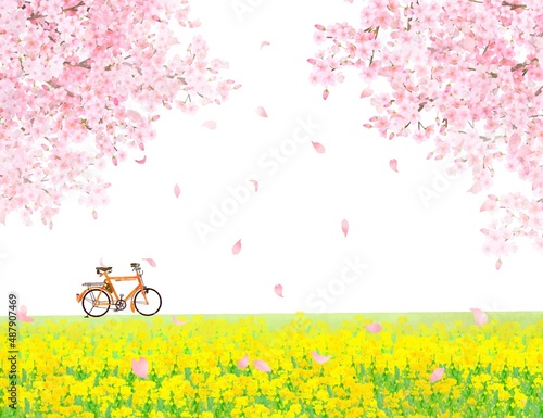 の花の咲く河川敷に自転車と美しく華やかな花びら舞い散る春の桜ののどかな風景白バックフレーム背景素材