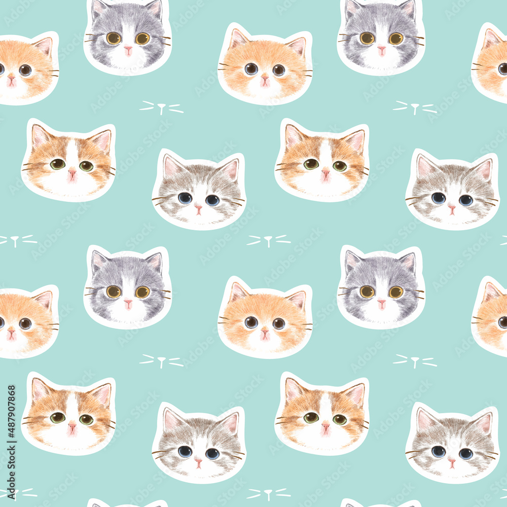 Seamless Pattern of Cute Cat Face Illustration Design on Pastel Green Background