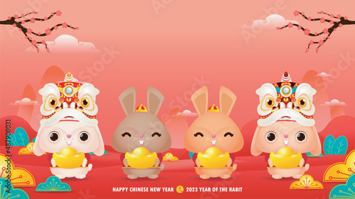 Four little rabbit holding golden ingots chinese new year 2023 year of the rabbit zodiac, gong xi fa cai Cartoon isolated on white background vector illustration, Translation happy chinese New Year