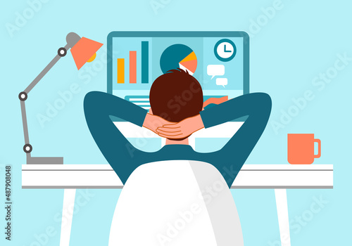 Tired businessman looking at business statistic data on computer screen in flat design.