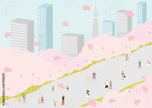 桜並木、都市風景と人々