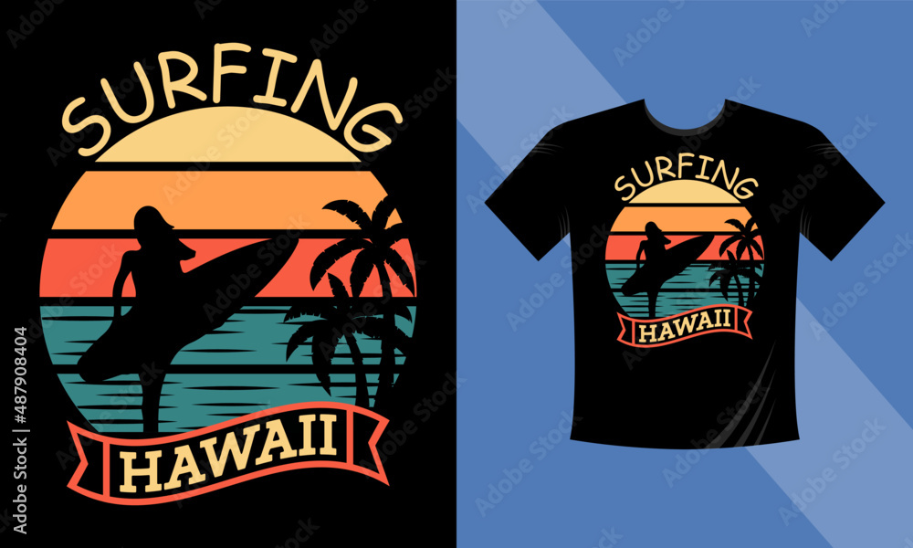 Hawaii beach sunset with palm trees vector modern t-shirt illustration
