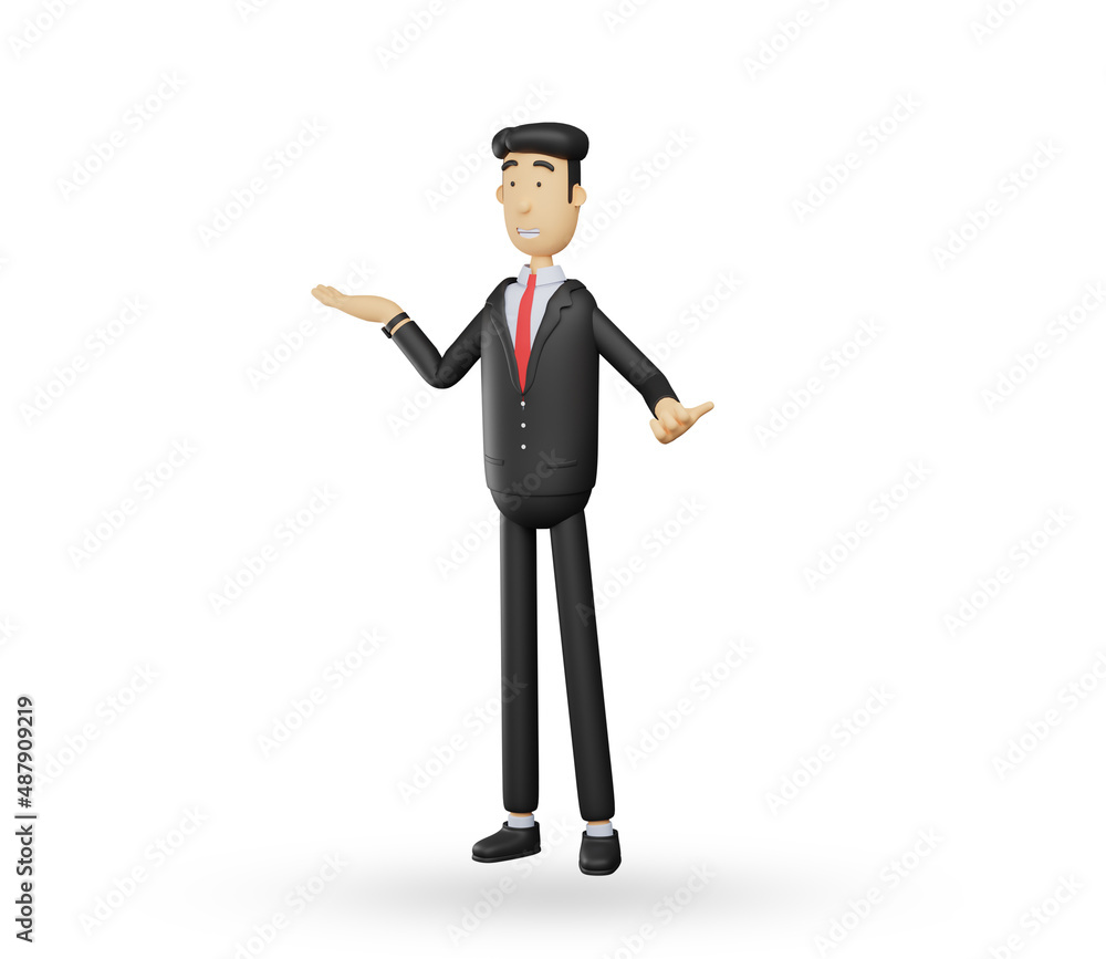 3d bussiness man character explain and raise both hands gesture isolated on white background .3d render illustration