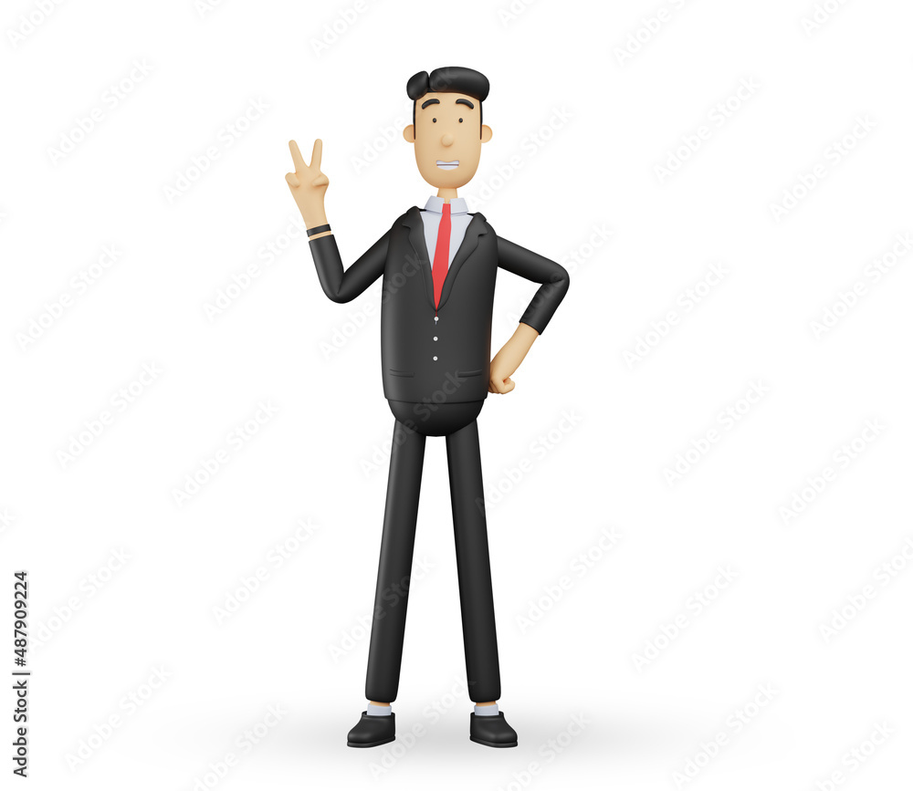 3d bussiness man character givegive peace sign gesture isolated on white background .3d render illustration