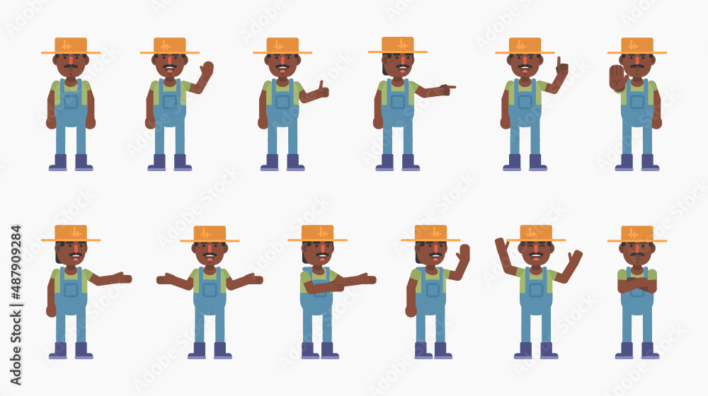 Set of farmer characters showing various hand gestures. Cheerful farmer showing thumb up, greeting, victory sign and other gestures. Modern vector illustration