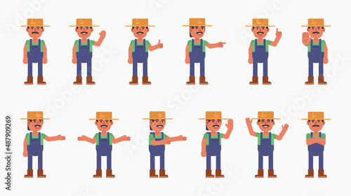 Set of farmer characters showing various hand gestures. Cheerful farmer showing thumb up, greeting, victory sign and other gestures. Modern vector illustration