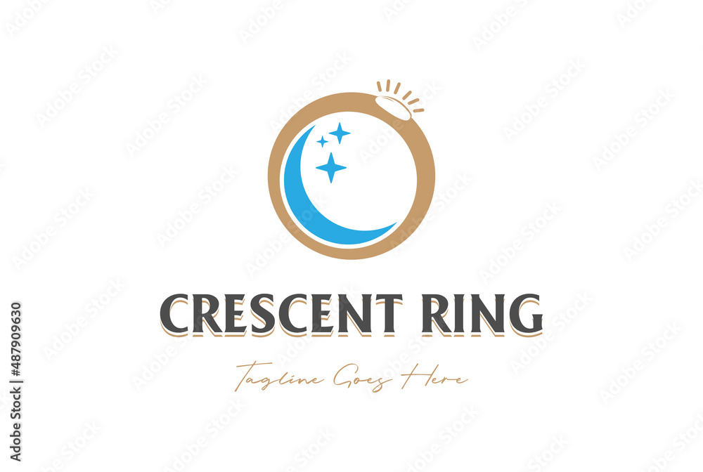 Simple Minimalist Crescent Star with Bracelet Ring for Gem Jewelry Diamond Boutique Logo Design Vector