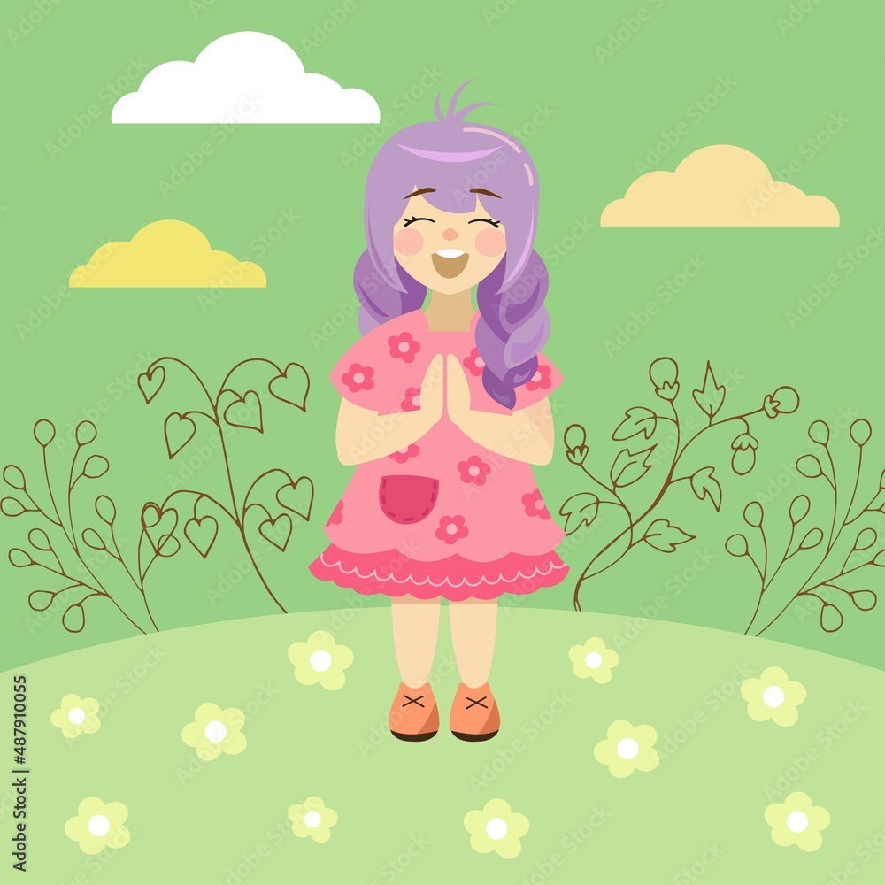 vector flat illustration of a cartoon girl on the field, landscape vector flat illustration of a cartoon girl on the field, landscape