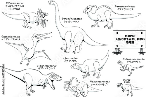 将来的に人気が出る可能性のある恐竜のイラストセット。白黒バージョン。