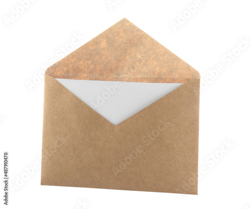 Brown paper envelope with card isolated on white