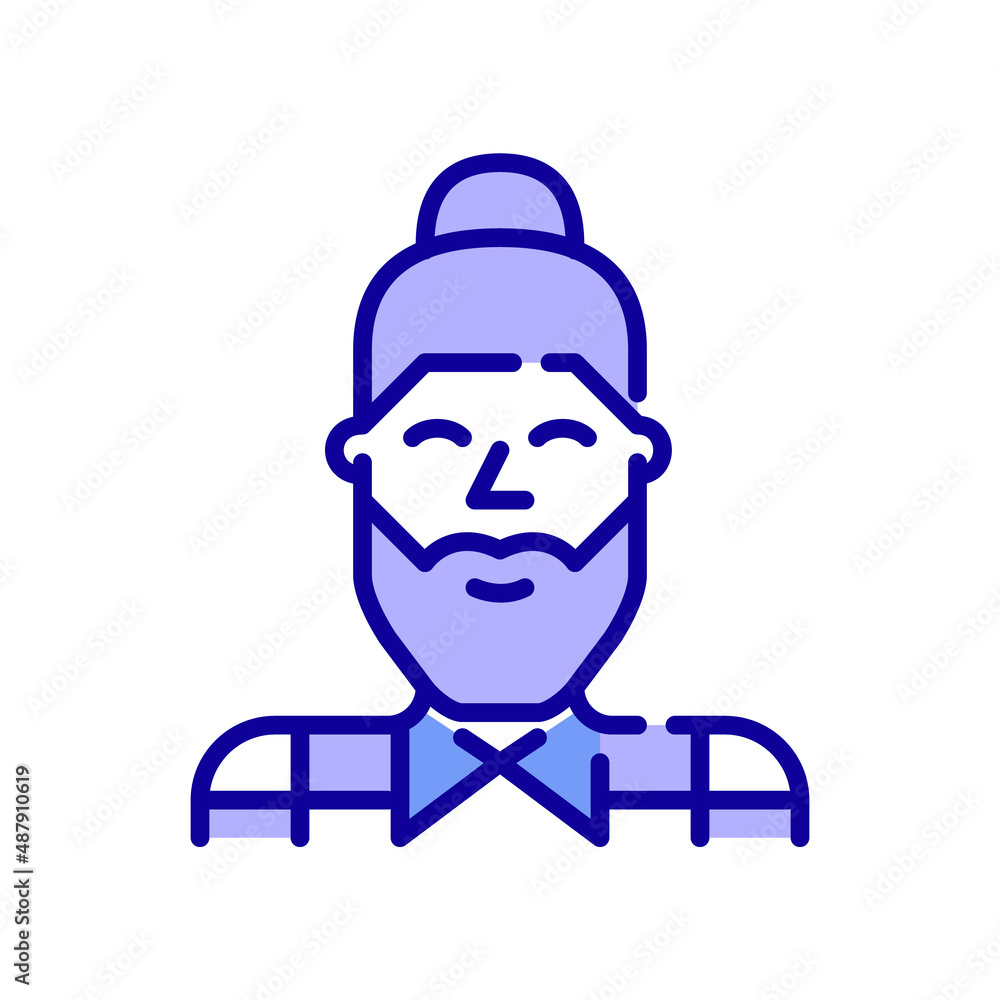 Good looking young hipster man with a bun and a beard wearing a shirt. Pixel perfect, editable stroke color icon