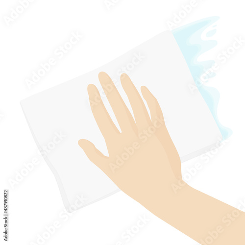 Vector illustration of hand wiping with a wet cloth isolated on background.