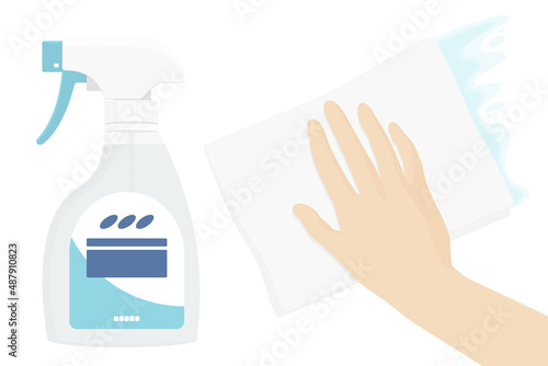 Vector illustration of hand wiping with a wet cloth and and sanitizer spray bottle isolated on background.