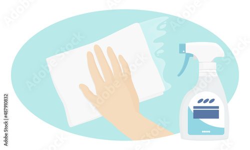 Vector illustration of hand wiping with cloth and cleaning spray bottle.