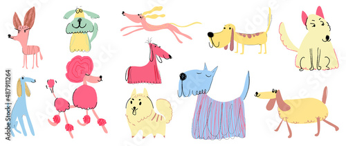 Fototapeta Naklejka Na Ścianę i Meble -  Set of cute dogs vector. Lovely dog and friendly puppy doodle pattern in different poses and breeds with flat color. Colorful funny pet and many characters hand drawn collection on white background.